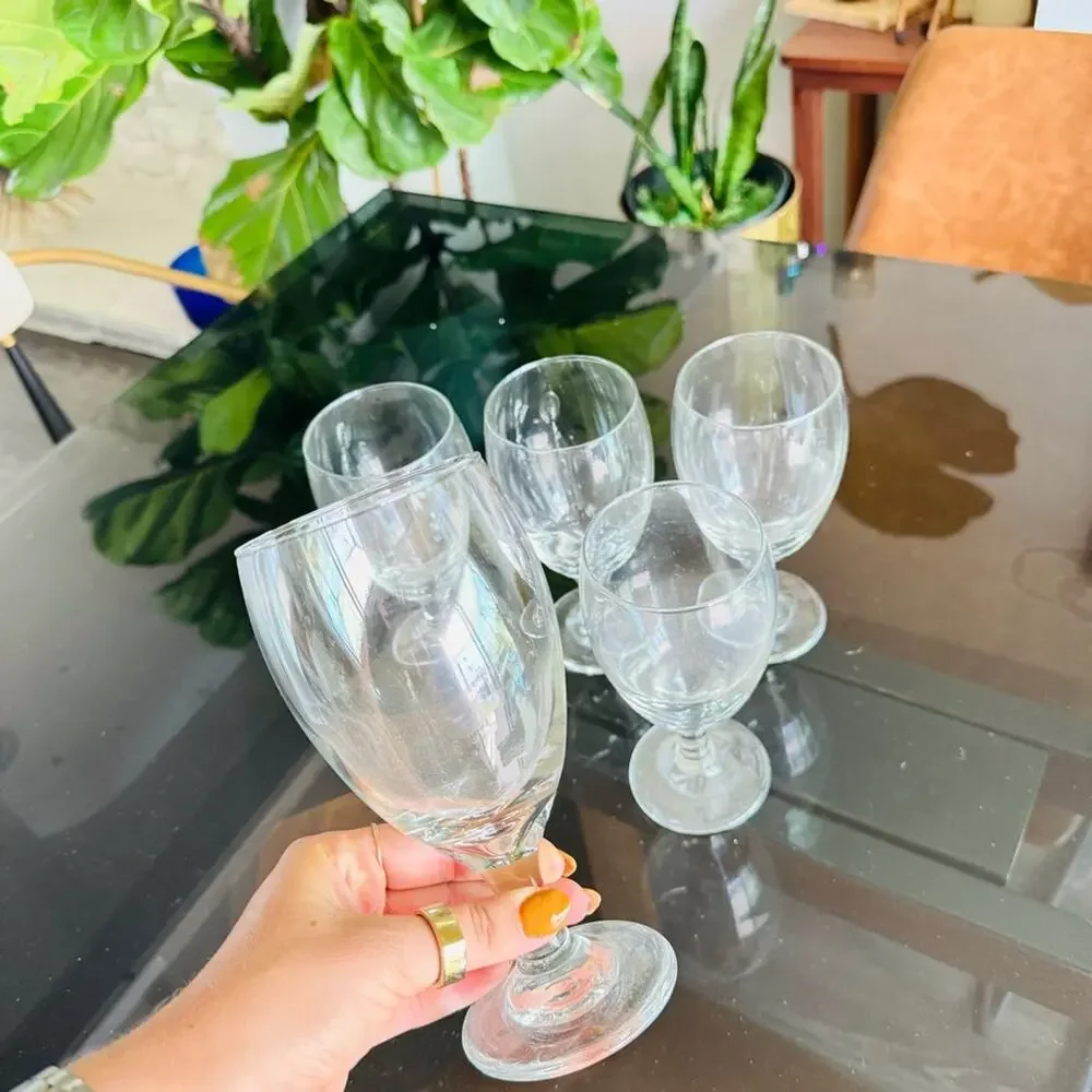 VINTAGE Clear Water Wine Heavy Thick Glass Goblet Stem Drink Ware Glasses Set 5